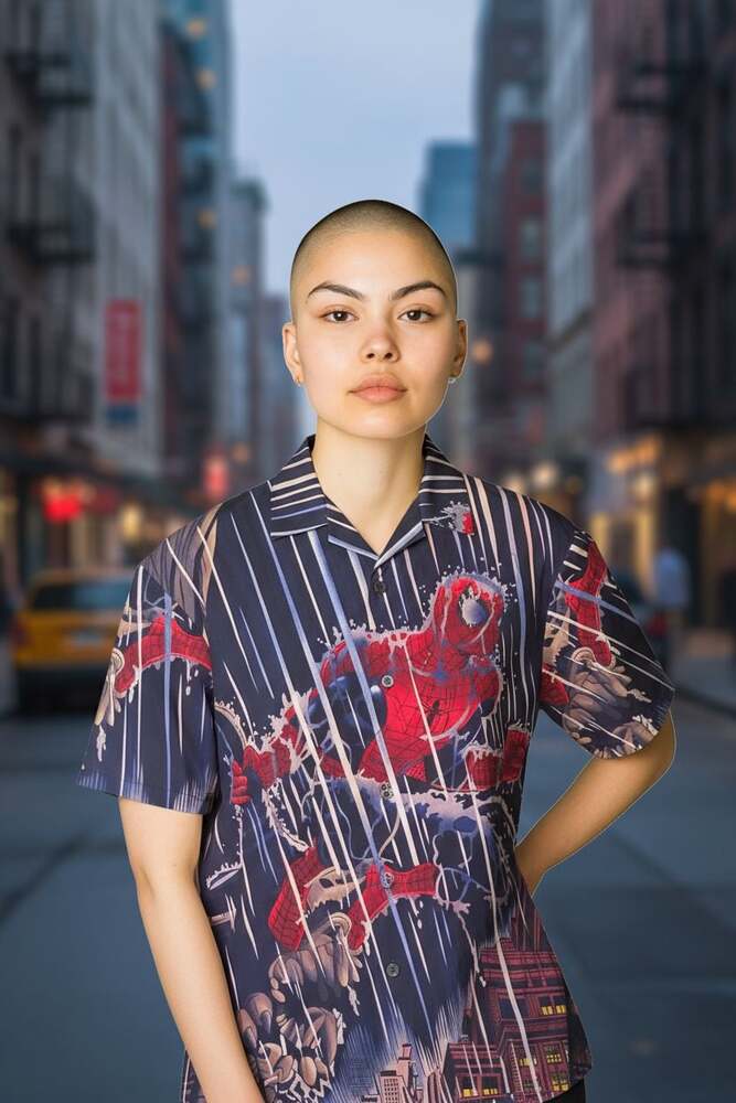 VTG SPIDERMAN All Over Print graphic navy button down shirt adult L Y2K AOP